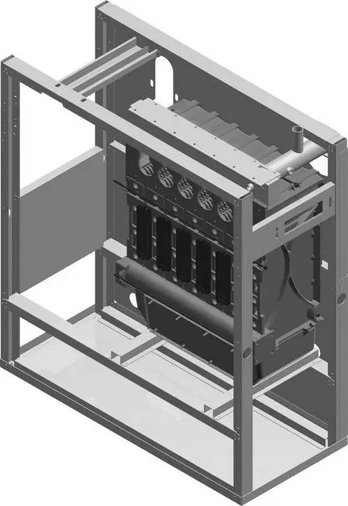 BOSCH Kesselblock, dargestellt in einer technischen 3D-Ansicht, zeigt den zentralen Heizungsblock mit mehreren Zylindern und Verbindungsrohren, in einem metallenen Rahmengestell.